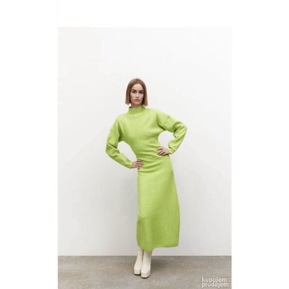 ZARA Neon Green Wool Viscose Blend Knit Midi Dress Long Sleeve Bodycon L - Picture 3 of 11